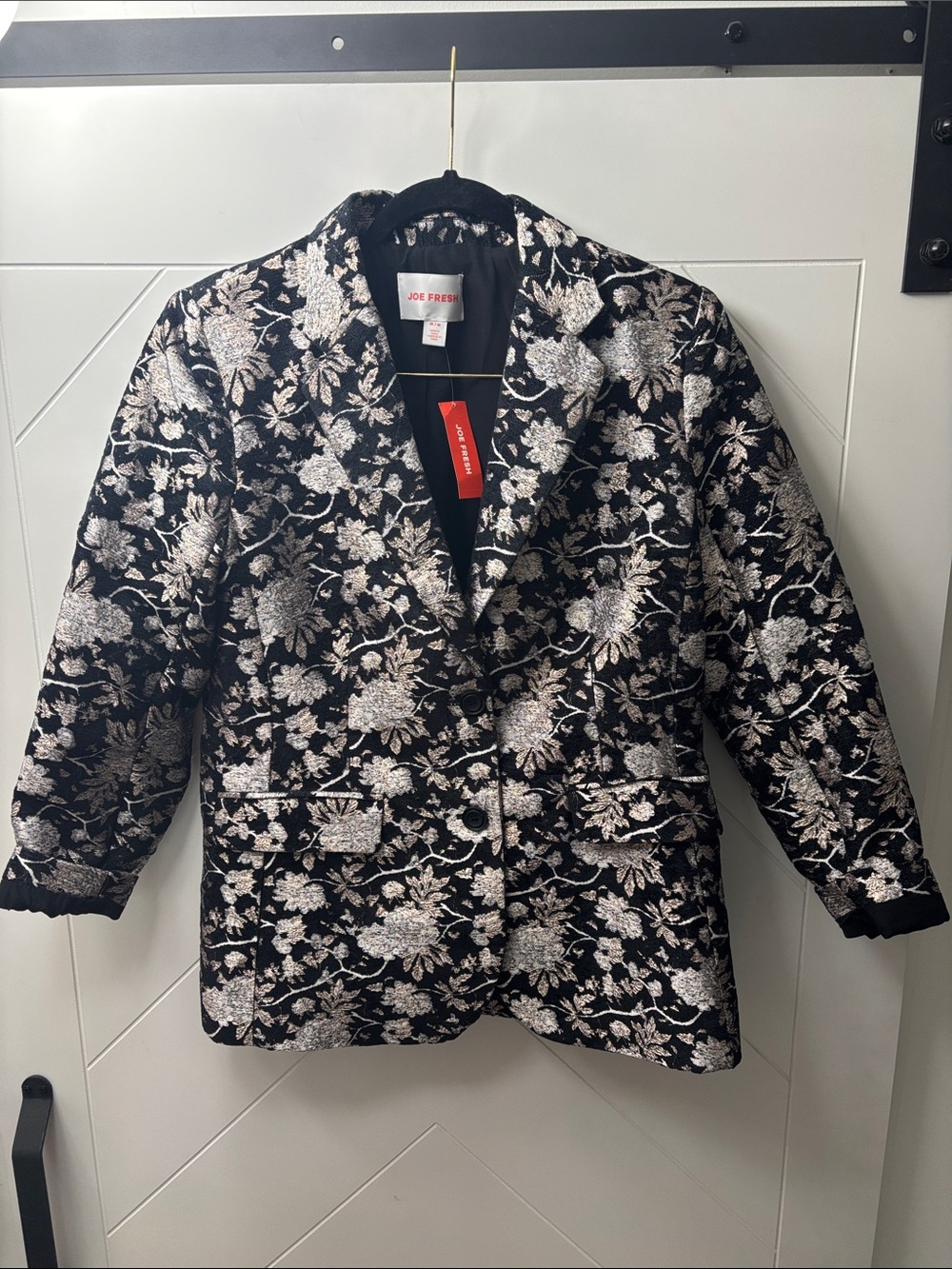Joe Fresh Black and Silver Floral Brocade Blazer and Matching Mini Skirt